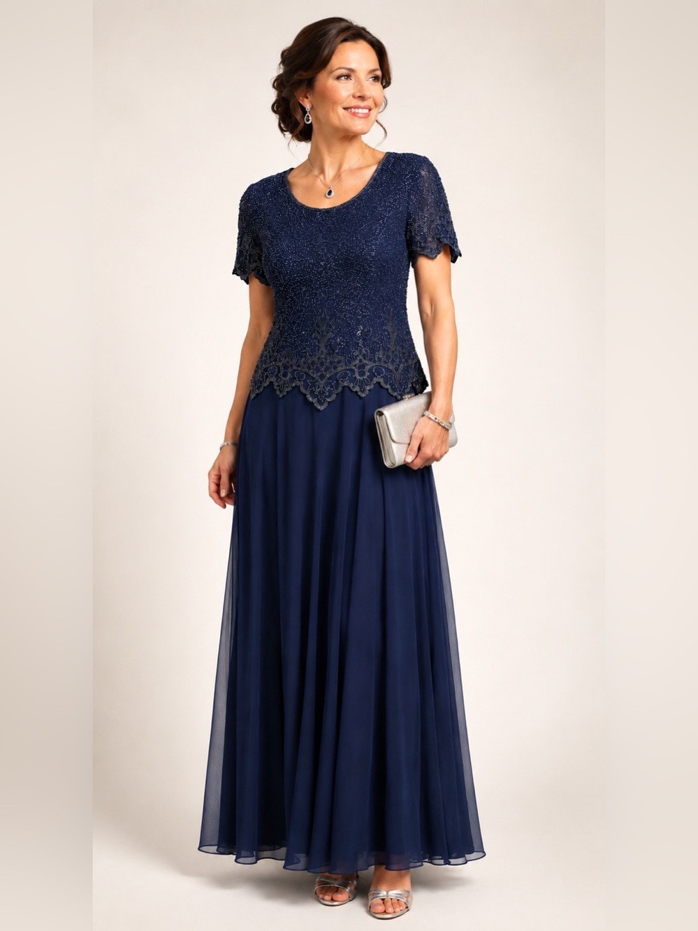 Laurence Kazar Navy Beaded Evening Dress Maxi Gown Sheer Overlay Formal  M